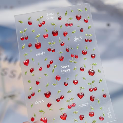 1 Sheet Cherry Nail Art Stickers 5D Cherries Nails Decals Cute Summer Fruits Nail Stickers Green Leaves Nail Supplies Jelly Cherry Nail Decorations for Women Spring Summer DIY Manicure Accessories - style: jelly cherry