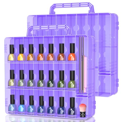 SUBAY 2 Pcs Portable Nail Polish Organizer, Clear Double Side Nail Polish Holder,Gel Nail Storage for 48 Bottles with 6 Adjustable Dividers in Each Side Space Saver Purple - size: 2 Pieces Purple
