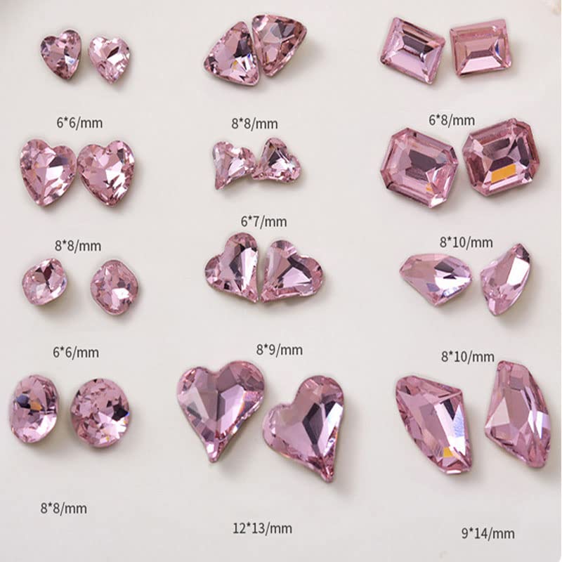 48 Pcs Big Mix Sizes Different Shape Nail Rhinestones 12 Styles 3D Glass Crystals Diamonds Love Distorts Heart Super Shiny Charms Gems Stones DIY Nail Art Decoration Craft Jewelry (Pink) - color: Pink