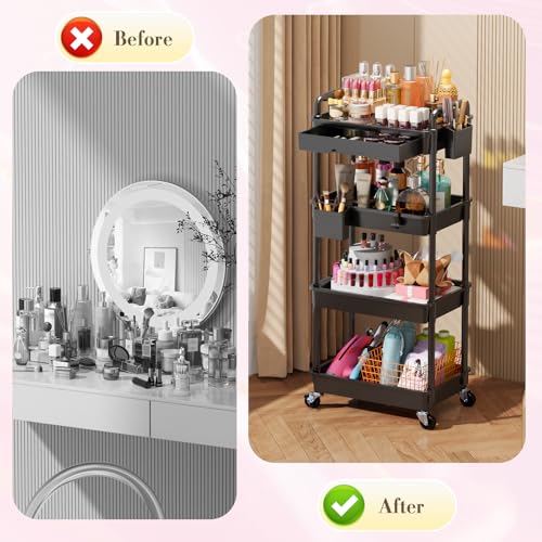 SUNALLY Makeup Cart Organizer with Drawer,4 Tier Rolling Makeup Cart, Black - color: Black, size: 4 Tier