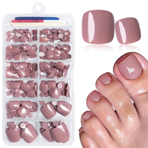 168pc Press on Toenails Women Fake Toe Nails with Glue Tabs, Coffee Fake Toenails Press on Nail Short Square Toe Nails Press ons Glue Toenail Feet False Artificial Acrylic Toe Nail Tips - color: Coffee