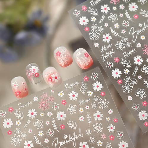 1 Sheet Flower Nail Art Stickers Floral Daisy Nail Decals Pink White Cute Daisy Small Flower Spring Summer Nail Design Daisy Floral Manicure Nail Supplies for Women DIY Nail Decorations Accessories - style: pink daisies