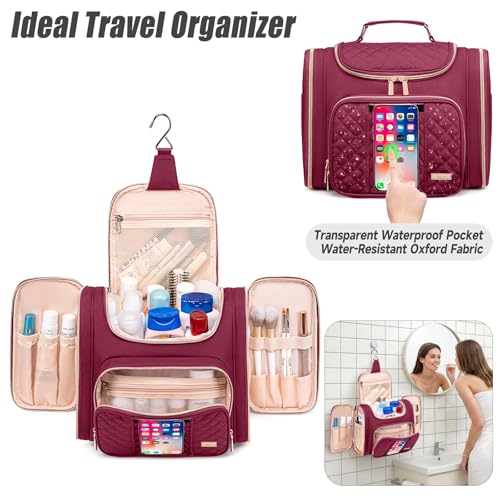 Tealari Large Toiletry Bag for Women Men,Bathroom Bag,Water Resistant Shower Bag,Makeup Bag,Toiletry Bags for Traveling,Hanging Toiletry Bag with Transparent Waterproof Phone Pocket (Wine Red) - color: Wine Red