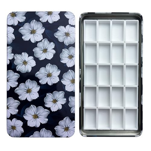 FCLUB Empty Watercolor Palette Tin Box with 20 Full Pans & Magnetic Squares - color: White Flower, size: 6.7" x 6.7" x 0.6"