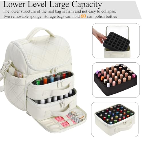 FCQQYWZ Nail Polish Organizer with 2 Detachable Cases Hold 60 Bottles & Nail Lamp, Portable Nail Organizers and Storage with Handle & Shoulder Strap, Travel Nail Bag for Manicure Tools - color: 60-Bottles-Beige