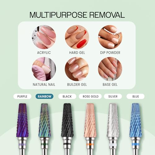 PANA 5-in-1 Pro Upgraded Multi-Function Drill Bit 3/32" Shank Size - (Rainbow, 2X Coarse to 2X Fine) - Mix Size Tungsten Drill Bit Fast Remove Acrylic Hard Gel Nail for Manicure Pedicure - color: Rainbow, size: Pro Upgraded