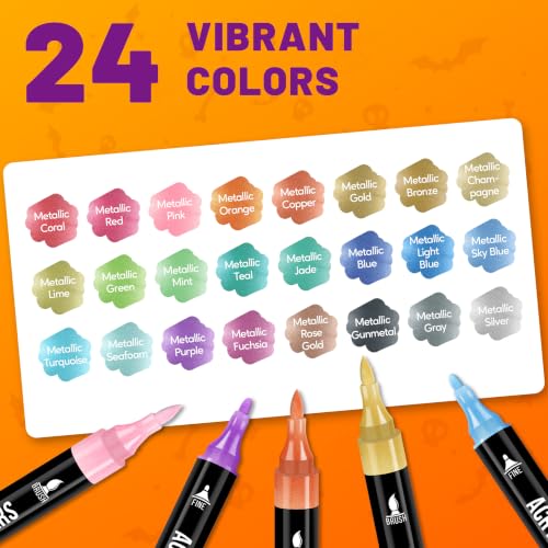 Pagather Metallic Acrylic Paint Markers, 24 Colors Dual Tip Pens Set
