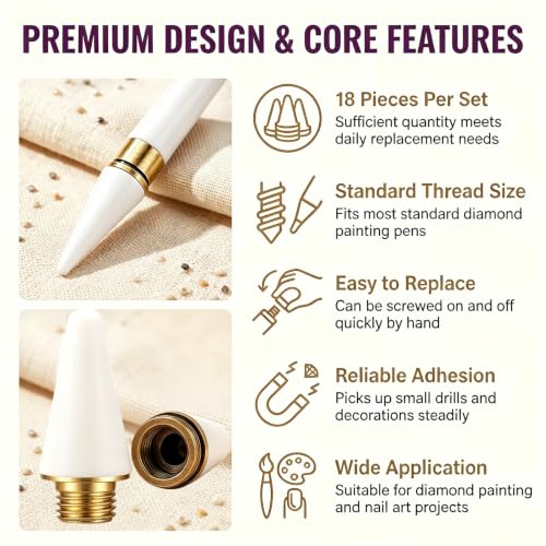 18 Pcs Wax Replacement Head Tips,Nail Rhinestone Picker (White) - color: White