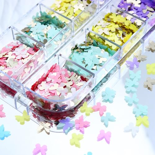 1 Box 6 Color Holographic Butterfly Nail Glitter Laser Pink Nail Sequins 3D Blue Yellow Nail Flakes Sparkly Powder Flakes Shiny Nail Glitter Colorful Nail Sequins Glitter for Nails Art 12 Grids - color: Color 47