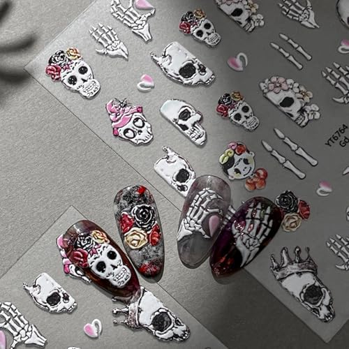 Halloween Nail Stickers for Nail Art Charm Skull Halloween Fingernail Nail Art Stickers Black 5D Embossed Nail Decals 3D Self-Adhesive Nails Supply Manicure Sliders for Nail Decoration - color: Halloween Style13