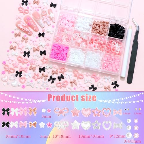 RODAKY 3D Nail Charms and Flatback Pearls Gems Set, Bow Charm for Nail Art Designs,Assorted Pearl Bows Heart Star,Cute 3D Flowers for Nail,Pink&White Half Pearls for Nail Jewelry DIY Nail Decoration - color: Set 04 - 2 Boxes Nail Art Decos
