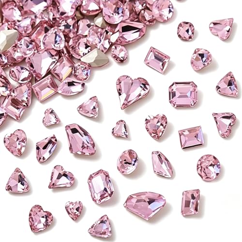 48 Pcs Big Mix Sizes Different Shape Nail Rhinestones 12 Styles 3D Glass Crystals Diamonds Love Distorts Heart Super Shiny Charms Gems Stones DIY Nail Art Decoration Craft Jewelry (Pink) - color: Pink