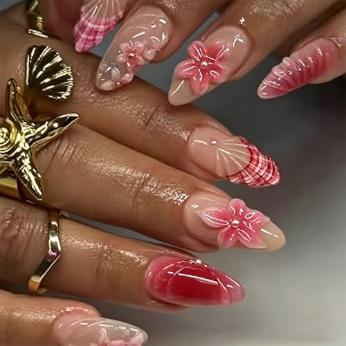 Medium Almond Press on Nails - 3D Pink Flowers - color: D-33