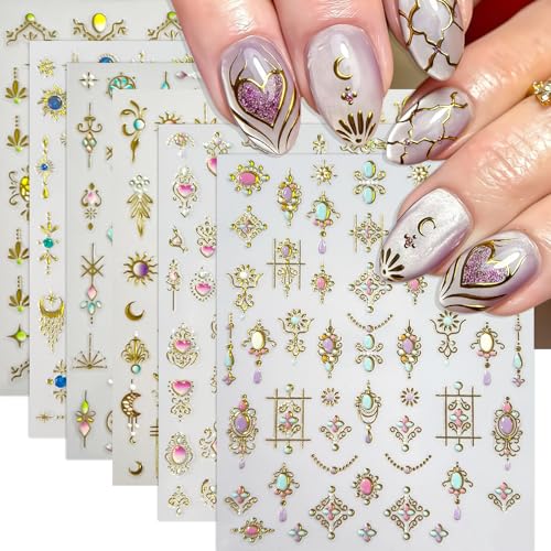 6 Sheets Bohemian Style Nail Decals Embossed Star Nail Art Stickers 5D Self-Adhesive Gold Stars Moon Sun Nail Decals Bohemia Nail Designs Stars Nail Decoration for Women Girls DIY Manicure Decor - style: Bohemian