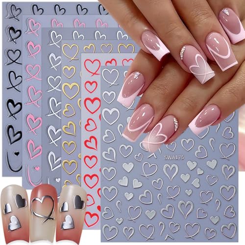 6 Sheets Heart Nail Stickers for Nail Art 3D Self-Adhesive Valentines Nail Art Stickers with Red Silver Gold Hollow Hearts Design Cute Love Heart Nail Decals DIY Manicure Decoration Kit for Women - style: Heart Nail Stickers-11