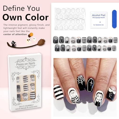 Halloween Horror Press on Nails - Glossy Black White Stripe Spider Web Art Designs - Square Short False Reusable Artificial Full Cover Glue on Nails for Women - 24 Pcs - color: Style 17