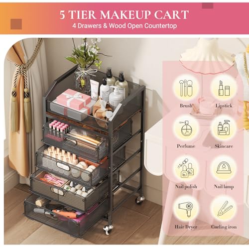 Goovilla Rolling Makeup Organizer Cart with Drawers, 5 Tier Metal, Black - color: Black, size: 5 Tier
