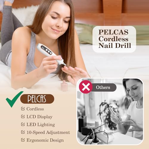 PELCAS Cordless Nail Drill, 10 Speeds Electric Nail File with LED Light - color: White