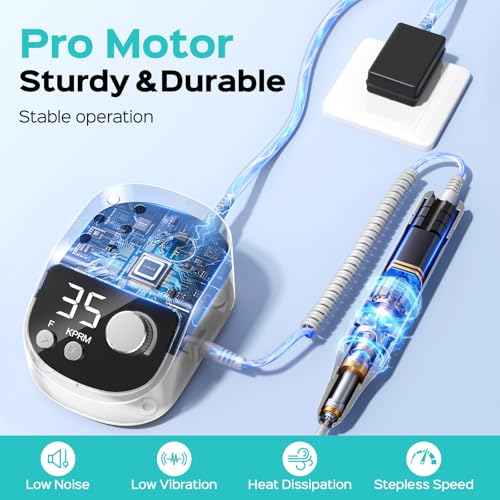 COSLUS E50 Professional Electric Nail Drill, Upgraded Steady Power, White - color: White