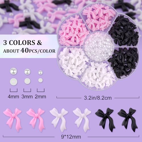 1 Box 3D Bow Nail Charms and Flatback Pearls Set 11, 120 Pcs Pink White Black Cute Bow Charms for Nail Design + 2-4mm White Nail Pearls with Pickup Tweezer and Pencil for Nail Art Decoration - color: Style C - Pink White Black