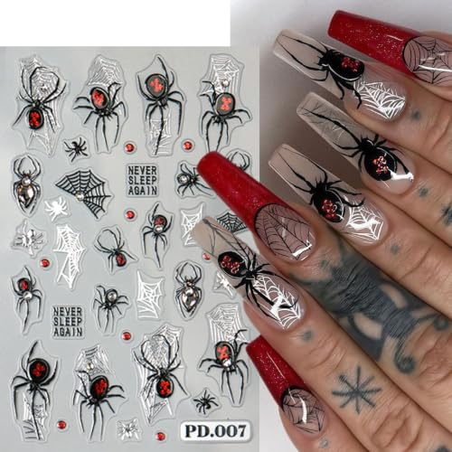 4Sheets Spider Nail Stickers Halloween Nail Decals 3D Self-Adhesive Spider Web Nail Art Stickers with Shiny White Rhinestones Design Goth Halloween Holiday Nails Supply for Women Manicure DIY - color: Halloween09