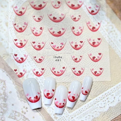 1 Sheet Valentine's 5D Embossed Nail Art Stickers Romantic Pink Red Petite Heart Nail Decals Red Pink Love Pink Valentine's Nail Designs Red Gradient French Tips Nail Supplies for Women DIY Manicure - style: mini heart-shaped