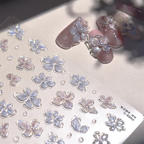 5D Embossed Laser Flower Nail Stickers for Nail Art Self-Adhesive Glitter Silver Flower Nail Decals Reflective Petal Design Stickers Spring Summer Nail Art Decoration for Women DIY Manicure - style: 5D Embossed Nail Stickers-2