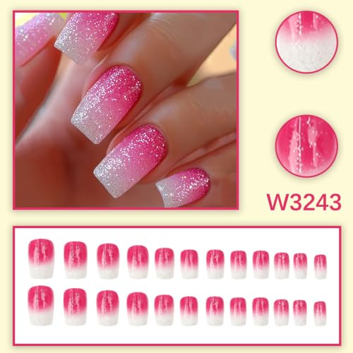 Pink Ombre Press on Nails Medium Square Fake Nails with Glitter Designs White Nails Press ons Cute Glue on Nails Acrylic False Nails Gradient Stick on Nails for Women 24Pcs - color: Glitter Designs