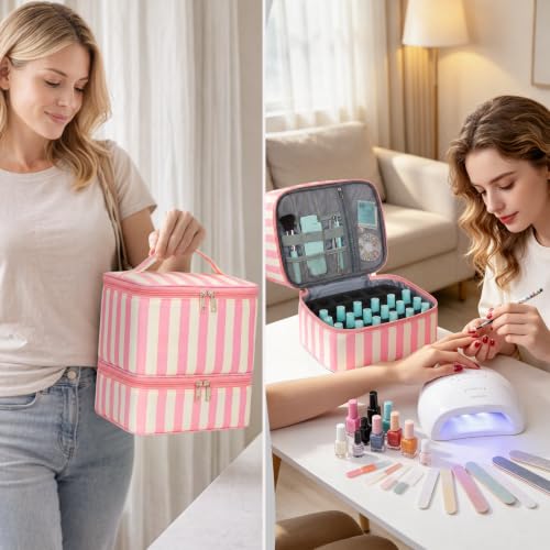 Striped Nail Polish Organizer Bag Nail Supplies Organizer Holds 30 Bottles Nail 2 Layers Nail Kit Storage Case - color: Beige and Pink