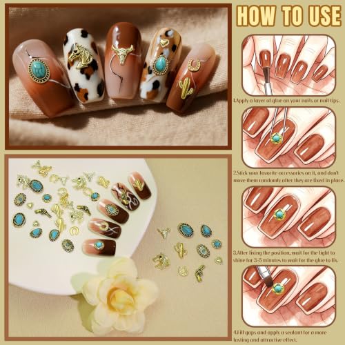 61 Pcs Western Turquoise Nail Charms 3D Metal Cowboy Cowgirl Nail Gems Charms Turquoise Bull Head Horseshoe Western Charm Stickers for DIY Nails Art Phone Case Crafts Rodeo Concert Outfits J - color: Gold