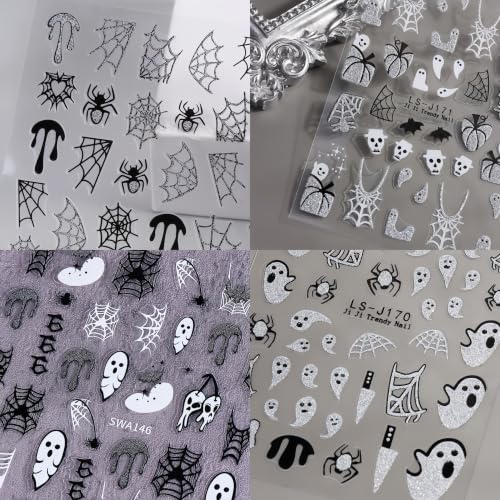 6Sheets Gothic Nail Stickers 3D Self-Adhesive Glitter Ghost Bat Nail Decals Skull Spider Web Blood Drop Knife Nail Designs Pumpkin Spider Nail Art Stickers Halloween Supplies for Women Manicure DIY - color: Halloween10