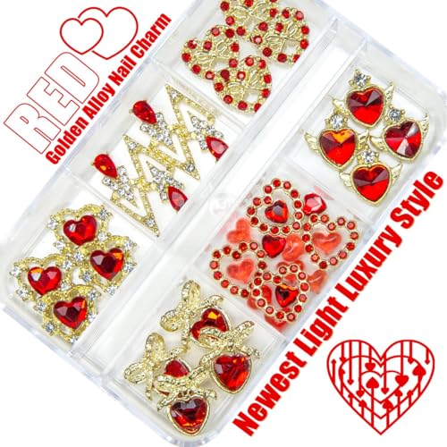 qiipii 36pcs Red Heart Nail Charms Golden Luxury Alloy Valentine Charms for Nails 3D Red Nail Art Rhinestones Gems Gold Crystal Diamonds Jewelry Stones Studs Charms Supplies for Nails Face Eyes Makeup - color: Luxury Charms -Red Heart, size: 1 Box
