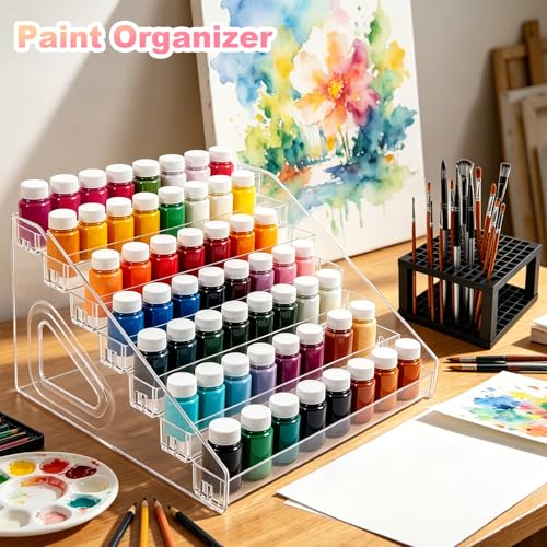 Acrylic Paint Organizer, 7 Layers Craft Paint Storage With Miniature Brush Holder, Paint Storage Rack for Acrylic Paints, Oil Paints, Nail Polish and Makeup Supplies