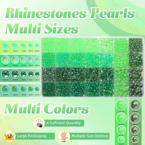 14000Pcs Mixed Green Flatback Rhinestones and Pearls for Bedazzling Kit - color: S7