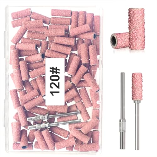 BLESWIN 100pcs Small Sanding Bands with Upgraded 3mm Mandrel Bit, 120 Grit for Acrylic Nail, Gel Nail Removing, Professional Nail Sanding Belt for Manicure and Pedicure, Pink - size: 100Pcs 120 Grit-Pink