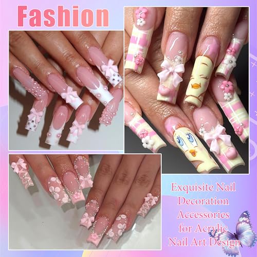 RODAKY 3D Bow Nail Charms and Flatback Pearls Gems Set,Mix Color Bows Charms for Nail Art Designs,Kawaii Bowknot 3D Cute Nail Charm,Pink White Half Pearls for Nail Jewelry DIY Crafts Nail Art Decor - color: Set 09 - 2 Boxes Nail Art Decos