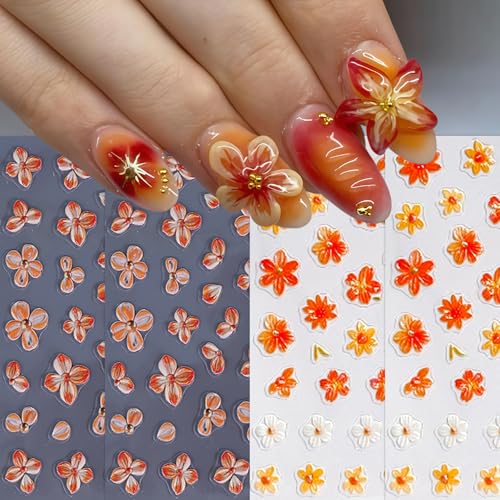 4sheets 5D Embossed Flower Nail Art Stickers Self Adhesive Fall Yellow Flowers Nail Stickers Autumn Orange White Daisy Nail Decals Orange Petal Daisies Nails Supplies for Women Manicure Accessories - style: orange flowers
