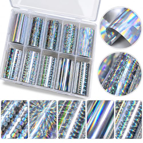 10Pcs Laser Aurora Nail Foil Transfer Stickers for Long Short Acrylic Nails - color: Silver