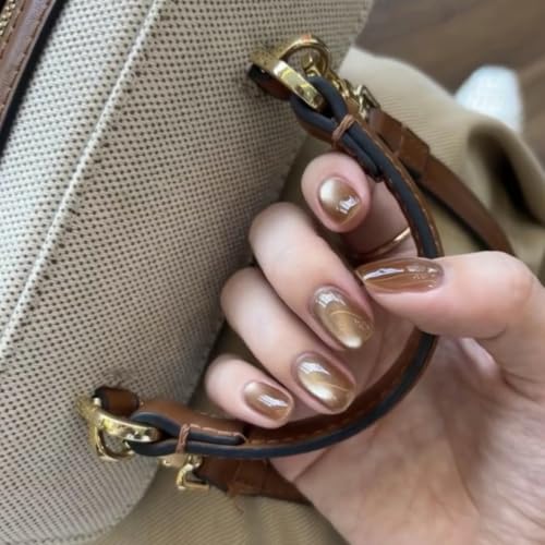 Brown Press on Nails Short Square, Cat Eye False Nails, 24Pcs - color: Style-30