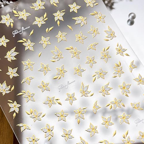 Gold Nail Stickers Fall Flower White Gold 5D Embossed for Elegant Nail Art 3D Self-Adhesive Nails Decoration Beatiful Nail Decals DIY for Women Girls Nail Supplies - color: Gold Flowers Style