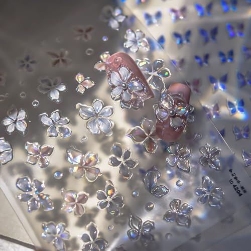 5D Embossed Laser Flower Nail Stickers for Nail Art Self-Adhesive Glitter Silver Flower Nail Decals Reflective Petal Design Stickers Spring Summer Nail Art Decoration for Women DIY Manicure - style: 5D Embossed Nail Stickers-2
