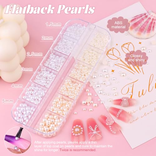 Silver Gold Nail Beads and Flatback Pearls for Nails Beige White Nail Pearl - color: 01 2 Boxes Nail Art Decos Set 1