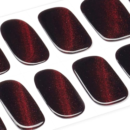 DANNI & TONI Semi Cured Gel Nail Strips Dark Red (Bonfire Night) Cat Eye Magnetic Gel Nail Wraps 28 Stickers - color: Bonfire Night