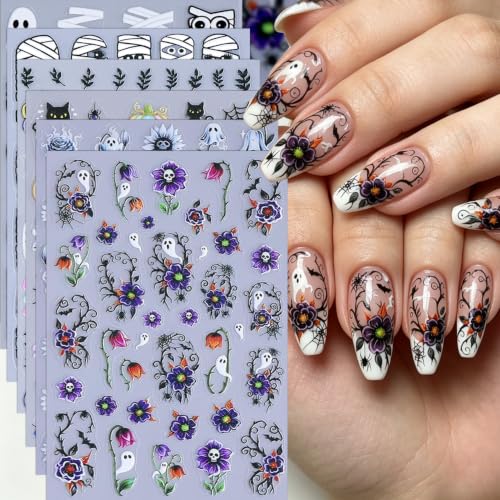 6Pcs Halloween Nail Stickers 5D Spider Web Cat Ghost Flower Design Sticker - color: Style 3