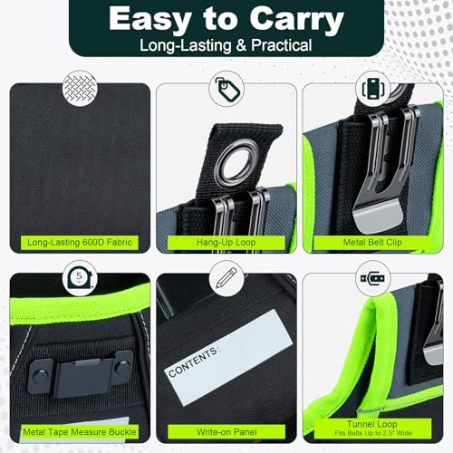 MELOTOUGH Nail and Screw Organizer Bag for Electricians and Carpenters, Tool Belt Pouch with Belt Clip, Heavy Duty Work Fastener Pouch - color: Reflective Green
