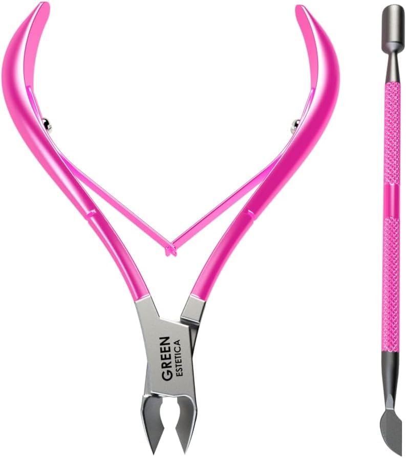 Professional Cuticle Trimmer & Nippers, Stainless Steel Nail Care Tool - color: Pink Nipper With Pusher - Pack 1