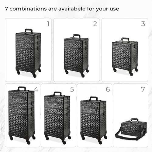 Rolling Makeup Case, Makeup Train Case with Lid, 5 in 1 Cosmetology Case on Wheels, Christmas Gift, Large Makeup Case Organizers, Profesional Cosmetic Case for Salon Barber,Black - color: Black