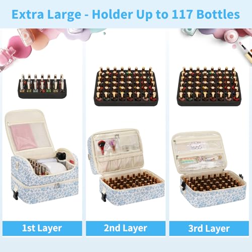 CUBETASTIC Nail Polish Organizer, Nail Supplies Storage Case Holds 86 Bottles Nail Polish & Nail Lamp, Travel Nail Tech Carrying Bag, Nail Kit Bag For Nail Stuff & Manicure Tools - color: Blue Floral, size: 117 Slots