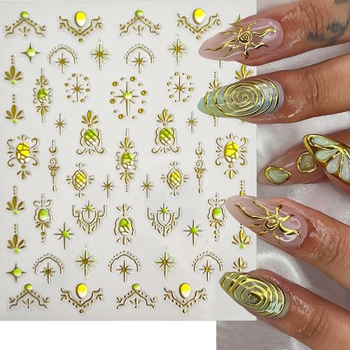 6 Sheets Bohemian Style Nail Decals Embossed Star Nail Art Stickers 5D Self-Adhesive Gold Stars Moon Sun Nail Decals Bohemia Nail Designs Stars Nail Decoration for Women Girls DIY Manicure Decor - style: Bohemian