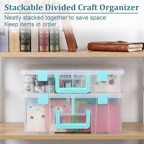 BTSKY Clear Plastic Dividing Storage Box with 8 Deep Compartment Sewing Box - size: 15.1x13.9x6.1 Inches-Clear
